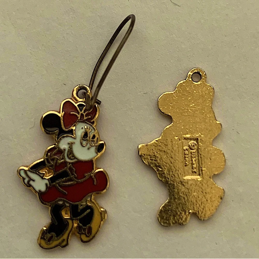 Vintage Disney Minnie Mouse Enamel Dangle French Wire Hook Earrings 2” 1995